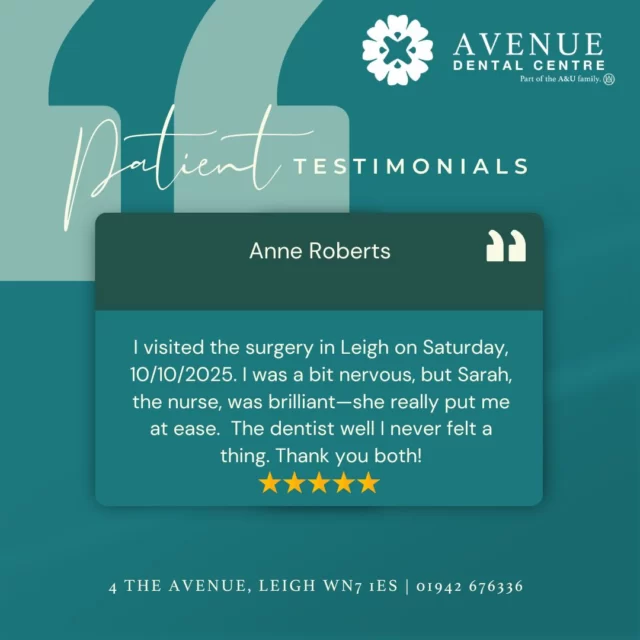 ⭐ Another Happy Patient! ⭐

We love hearing from our patients—thank you for trusting us with your smile!

We are accepting new patients! Same-day appointments and weekend appointments available.

📅 Book your consultation today!
https://audental.co.uk/avenue-dental-centre/ or call us 01942 676336

#PatientTestimonial #HappySmiles #DentalCare #ThankYou #AvenueDentalCentre #DentalPracticeLeigh