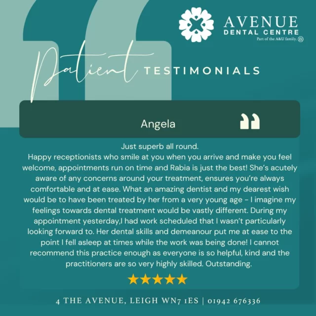 ⭐ Another Happy Patient! ⭐

We love hearing from our patients—thank you for trusting us with your smile!

We are accepting new patients! Same-day appointments and weekend appointments available.

📅 Book your consultation today!
https://audental.co.uk/avenue-dental-centre/ or call us 01942 676336

#PatientTestimonial #HappySmiles #DentalCare #ThankYou #AvenueDentalCentre #DentalPracticeLeigh