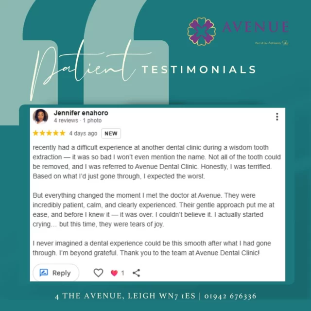 Thank you so much, Jennifer, for your heartfelt 5-star review! 🌟 We're truly grateful for your kind words and so glad you had a wonderful experience with us.

#HappyPatients #5StarReview #Gratitude #DentalCareWithHeart #AvenueDentalCentre #Leigh