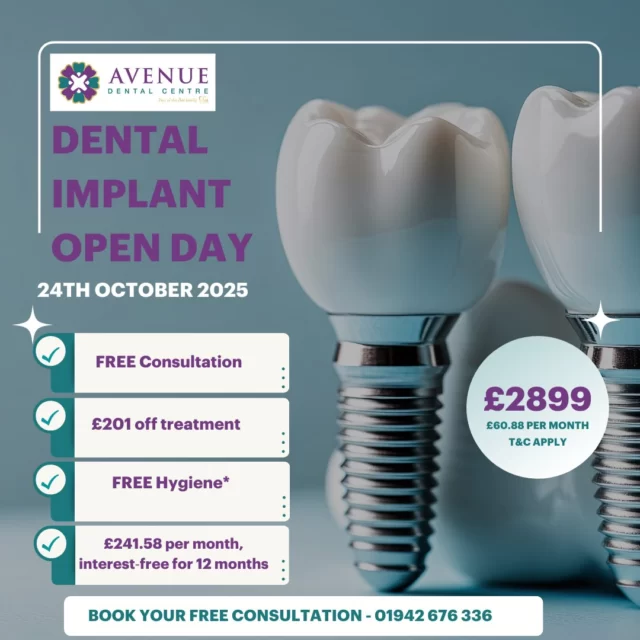 ✨ Implant Open Day Special Offer! ✨
Smile with confidence – now’s the perfect time to start your implant journey.

💎 Offer Price: £2,899 (was £3,100)
🆓 Free Consultation
🆓 Free Hygiene (when you proceed with treatment)
💳 Interest-Free Finance from just £241.58/month

📞 Call us today on 01942 676 336
🌐 Book online at https://audental.co.uk/avenue-dental-centre

Limited spaces available – secure your spot now!

#DentalImplants #ImplantOpenDay #TeethRestoration #DentalOffers #ToothReplacement #AvenueDentalCentre #Leigh