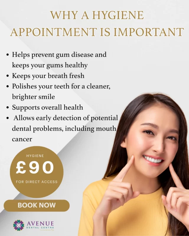 Why a Hygiene Appointment is Important
✅ Removes plaque and tartar that brushing and flossing can’t reach
✅ Helps prevent gum disease and keeps gums healthy
✅ Keeps your breath fresh
✅ Polishes teeth for a cleaner, brighter smile
✅ Supports overall health — links between oral and heart health are well known
✅ Allows early detection of dental problems before they get worse

🦷 Hygiene appointments available at Bredbury — book now!
🔗 https://audental.co.uk/avenue-dental-centre
📞 01942 676 336

#DentalHygiene #HealthySmile #GumHealth #FreshBreath #OralHealth #DentalCare