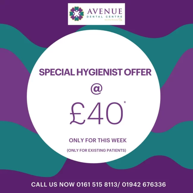 Due to last-minute cancellations, we have hygiene appointments available this week only for existing patients!

Book now for just £40.
Call 0161 515 8112 to secure your spot.
#HygieneOffer #AvenueDentalCentre #Leigh