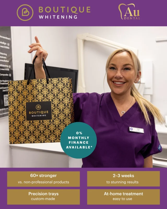 Your smile is the first thing people notice. Make it unforgettable. ✨

Boutique Whitening is a professional, dentist-supervised teeth whitening system — 60× stronger than anything you'll find on a shelf, with stunning results in just 2–3 weeks.

Custom-made trays. High-strength formula. All from the comfort of home.

Treatments start from £459.

👉 Book your consultation online or call us today .
 
#BoutiqueWhitening #TeethWhitening #ProfessionalWhitening #WhiterTeeth #AuDental