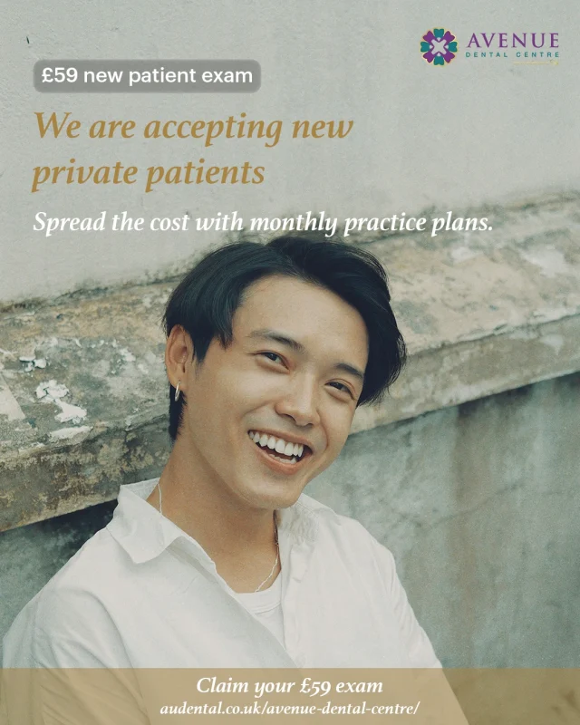 Looking for a private dentist who's actually taking new patients?

We are! 

At Avenue Dental Centre, we're welcoming new private patients now. Book your new patient exam for just £59 and experience dental care done properly.

✅ Comprehensive examinations

✅ Teeth straightening

✅ Cosmetic dentistry

✅ Same day emergency appointments

✅ 0% interest free finance

✅ Spread the cost with monthly practice plans

👉 Claim your £59 exam: audental.co.uk/avenue-dental-centre/