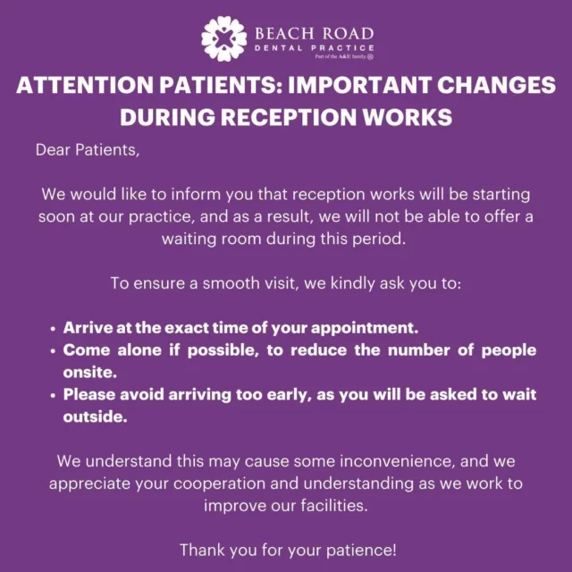 Reception works are underway! Please remember to arrive at your appointment time, come alone if possible, and follow our new parking instructions. 
Thank you for your patience and cooperation!
#BeachRoadDentalPractice #Northwich