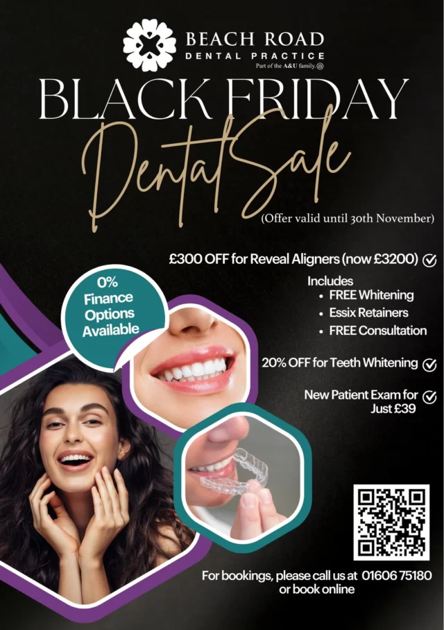 ✨ The Biggest Black Friday Sale is Here! ✨ Starting Today, unlock your best smile with these unbeatable offers:

🌟 20% OFF Teeth Whitening
🌟 New Patient Exams for just £39 (was £70)
🌟 £300 OFF Reveal Aligners – Includes FREE Whitening, Retainers, and Consultation!

Don’t miss out on the smile you’ve always wanted! Book online https://audental.co.uk/beach-road-dental/ or call us
01606 75180😁🖤

#BlackFridaySale #SmileBright #TeethStraightening #TeethWhiteningDeals #BeachRoadDentalPractice #Northwich