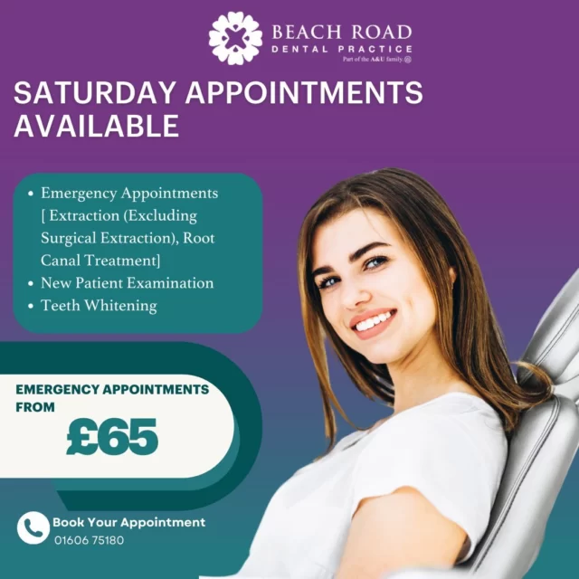 Beach Road Dental Practice is open this Saturday! 
We value your dental needs, even on weekends—don’t let pain ruin your days off. New patient exams are just £39. Plus, we offer flexible practice plans so you can manage dental expenses with low monthly payments. 💙🦷

📞 Call us now 01606 75180 to book your appointment or visit our website to book online [Link in Bio]

#BeachRoadDentalPractice #WeekendCare #AffordableDentalCare #BlackFridayOffers #SaturdayDentist